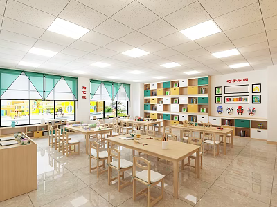 Bright School Classroom Interior With Wooden Tables Chairs Colorful Bookshelves And Wall Paintings 3d model