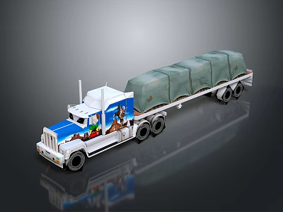 White And Blue Semi Truck With Green Covered Cargo Trailer And Colorful Cab Graphics 3d model