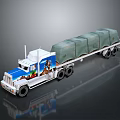 White And Blue Semi Truck With Green Covered Cargo Trailer And Colorful Cab Graphics
