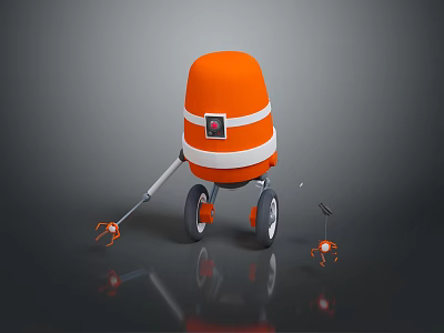 Game Movie Orange White Striped Robot Character With Red Logo Mechanical Arm And Small Companion 3d model