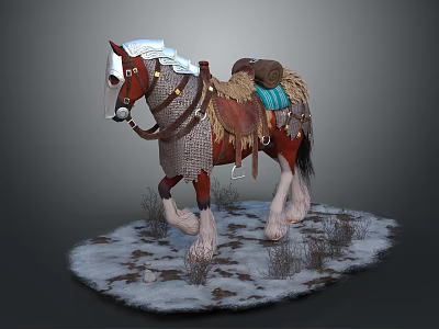 Brown White Horse With Decorative Saddle Blue Blanket Standing On Snowy Ground Dry Grass 3d model