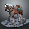 Brown White Horse With Decorative Saddle Blue Blanket Standing On Snowy Ground Dry Grass