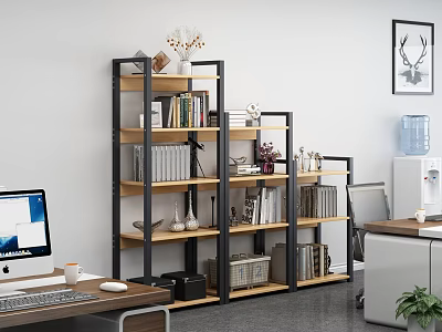 Black and Wood Shelf Unit with Books Decorations Vases near Desk and Computer 3d model