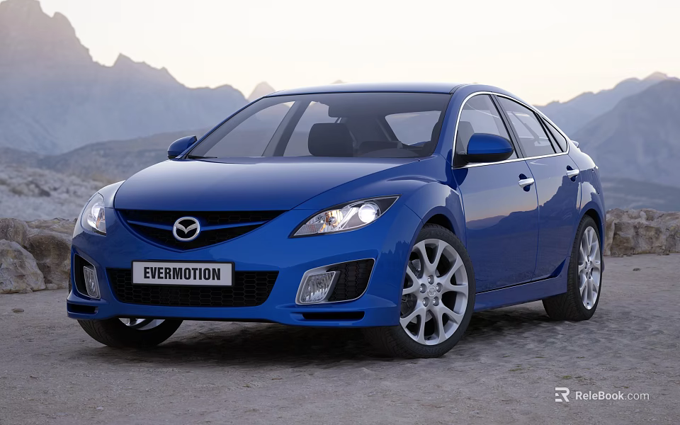 Blue EVERMOTION Sedan Car with Sleek Design in Mountain Sunset Landscape 3d model 