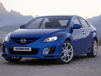Blue EVERMOTION Sedan Car with Sleek Design in Mountain Sunset Landscape 3d model