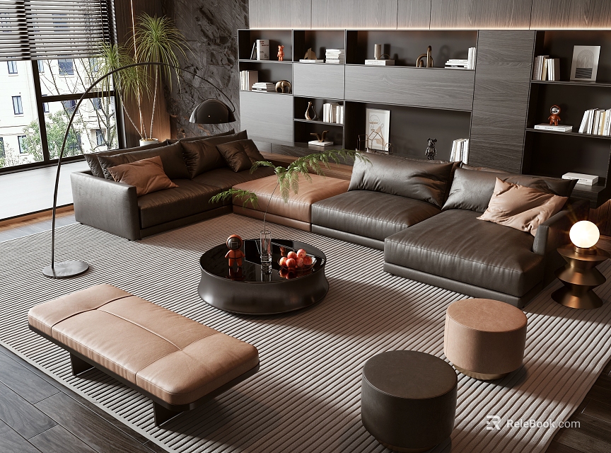 Modern Leather Sofa and Coffee Table Set With Bookshelves Floor Lamp Area Rug and Ottomans 3d model 