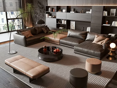 Modern Leather Sofa and Coffee Table Set With Bookshelves Floor Lamp Area Rug and Ottomans 3d model