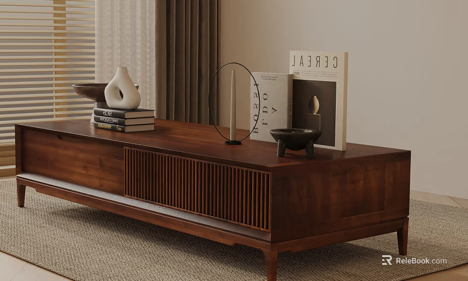 Modern Wooden Sofa Coffee Table Set with Decorative Books and Metal Accents in Living Room 3d model 