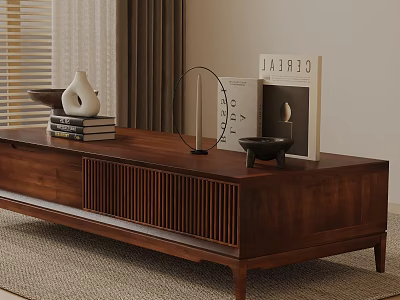 Modern Wooden Sofa Coffee Table Set with Decorative Books and Metal Accents in Living Room 3d model
