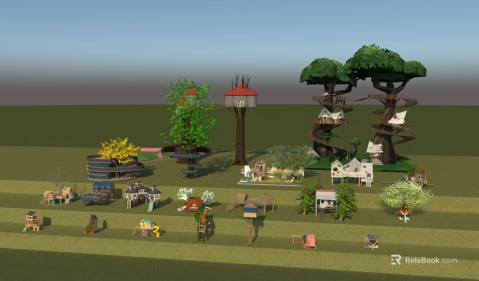 Multi Element Outdoor Scene With Water Tower Tall Trees Cabins And Play Structures 3d model