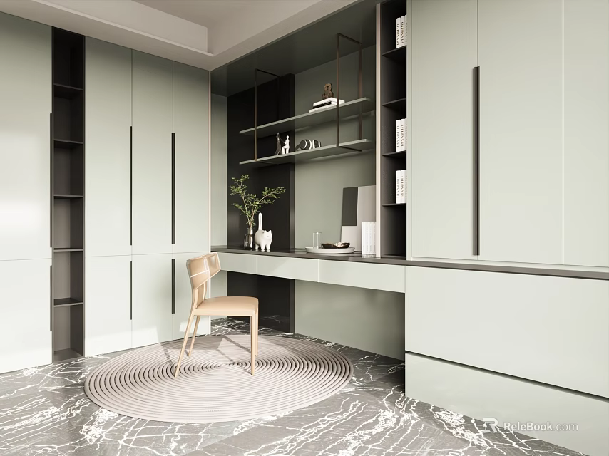 Modern Light Colored Study Room Interior Design With Writing Desk Round Rug And Wooden Chair 3d model 