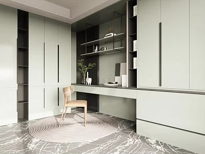 Modern Light Colored Study Room Interior Design With Writing Desk Round Rug And Wooden Chair 3d model