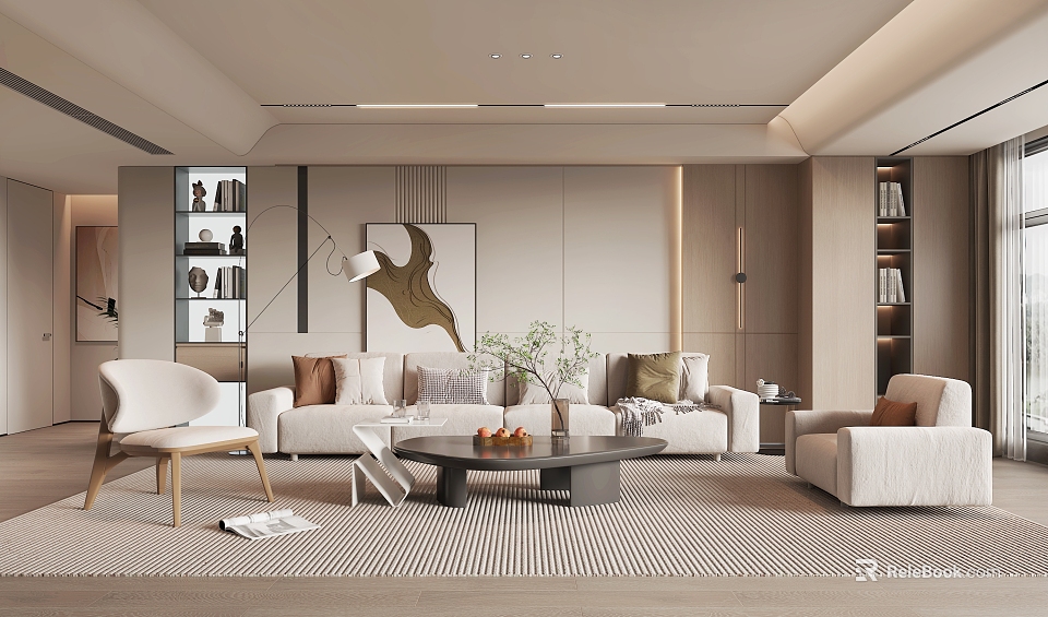 Elegant Modern Living Room Interior Design With Sofa Coffee Table Artwork And Striped Rug 3d model 