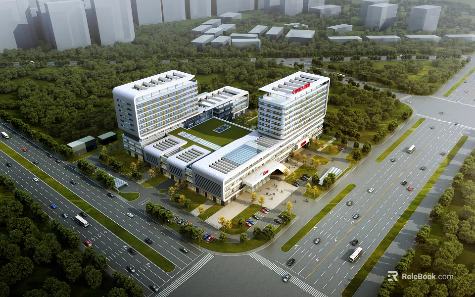 Modern Hospital Building With Two Main Towers Central Connecting Structure Surrounding Greenery And Roads 3d model 
