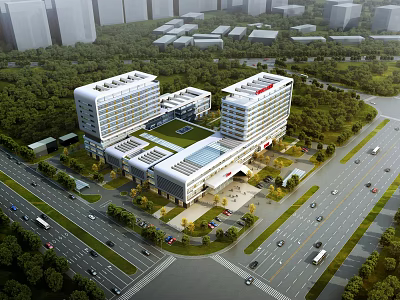 Modern Hospital Building With Two Main Towers Central Connecting Structure Surrounding Greenery And Roads 3d model