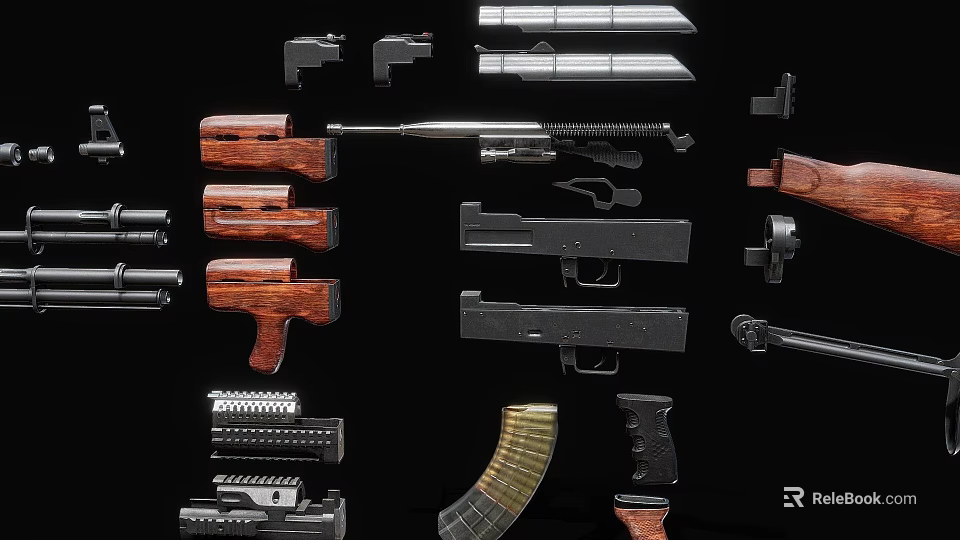 Assorted Weapons Collection Featuring Pistols Rifles Magazines Wooden Grips And Metal Parts 3d model 
