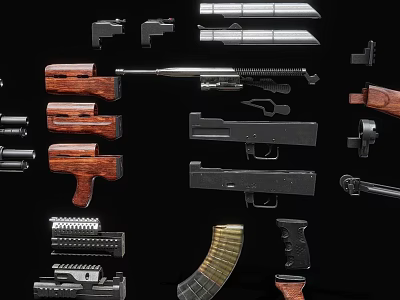Assorted Weapons Collection Featuring Pistols Rifles Magazines Wooden Grips And Metal Parts 3d model