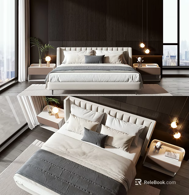 Modern Double Bed Interior Design With Plush Pillows Bedside Tables And Table Lamps 3d model 