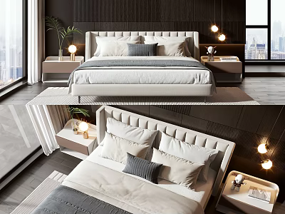 Modern Double Bed Interior Design With Plush Pillows Bedside Tables And Table Lamps 3d model