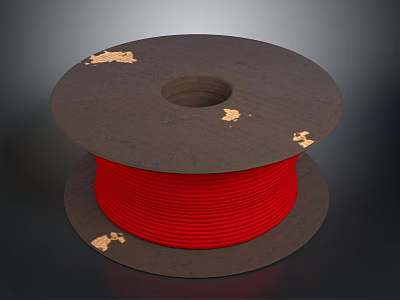Red Thread Spool For Household Use With Brown Base And Gold Accents 3d model
