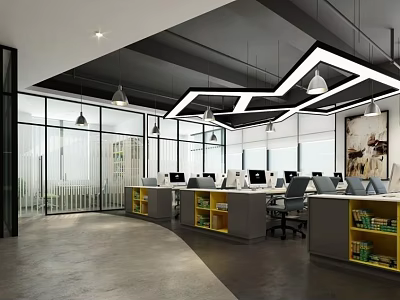 Modern Public Office Space With Open Layout Workstations And Creative Lighting 3d model