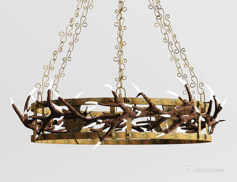 Rustic Antler Chandelier with Intricate Metal Chains and Circular Design 3d model 