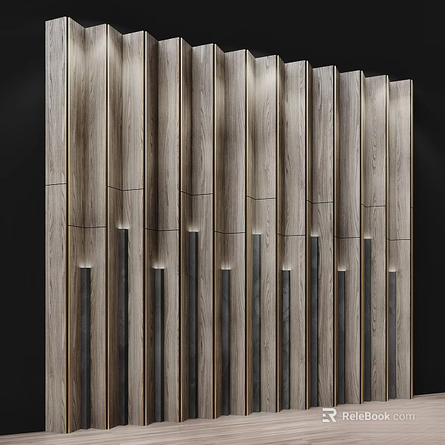 Modern Vertical Wooden Slat Wall Decor With Black Accents And Sleek Design 3d model 