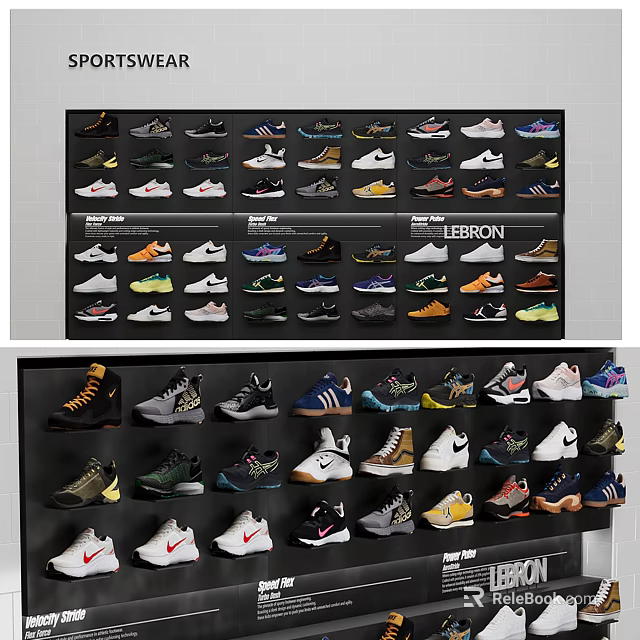 Display Shelves Showcasing Sneakers with Various Brands Styles and Colors in Store 3d model 