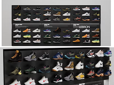 Display Shelves Showcasing Sneakers with Various Brands Styles and Colors in Store 3d model