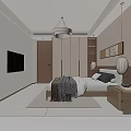 Modern Bedroom Interior With Wooden Wardrobes Pendant Light Bed Nightstands And Floor To Ceiling Windows