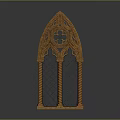 Gothic Arched Architectural Window With Carved Wooden Frame And Lattice Glass