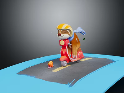 Sloth Riding Red Scooter With Yellow Helmet And Scarf On Blue Road Near Peach 3d model