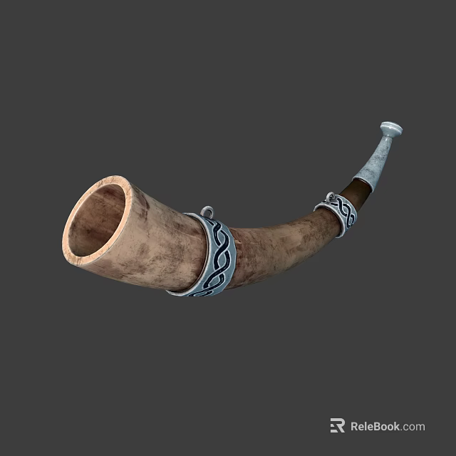 Musical Instrument Horn with Wooden Bone Body and Metal Decorative Rings 3d model 