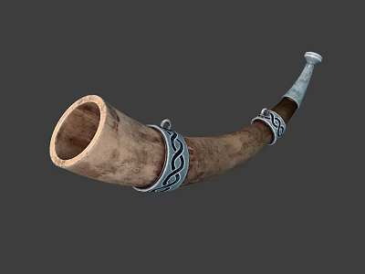 Musical Instrument Horn with Wooden Bone Body and Metal Decorative Rings 3d model