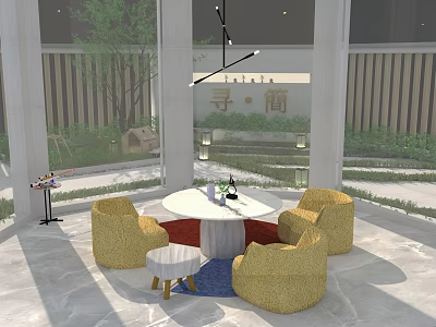 Bright Open Contemporary Living Room With Comfortable Yellow Seats Round Table And Large Panoramic Windows 3d model