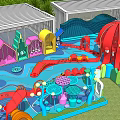 Colorful Children's Play Area With Slides Mushroom Decorations Wave Structures Green Lawn And Transparent Roof
