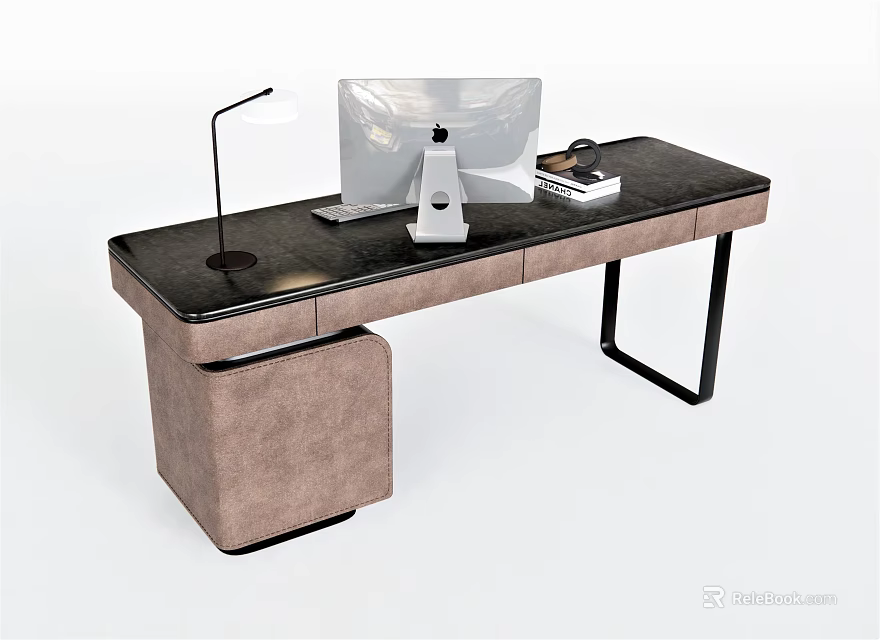 Modern Home Office Desk With Black Desktop White Monitor Black Lamp And Metal Legs 3d model 