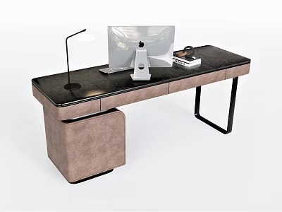 Modern Home Office Desk With Black Desktop White Monitor Black Lamp And Metal Legs 3d model