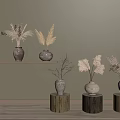Natural Rustic Vases with Dried Flowers on Wooden Shelf and Tree Stump Bases