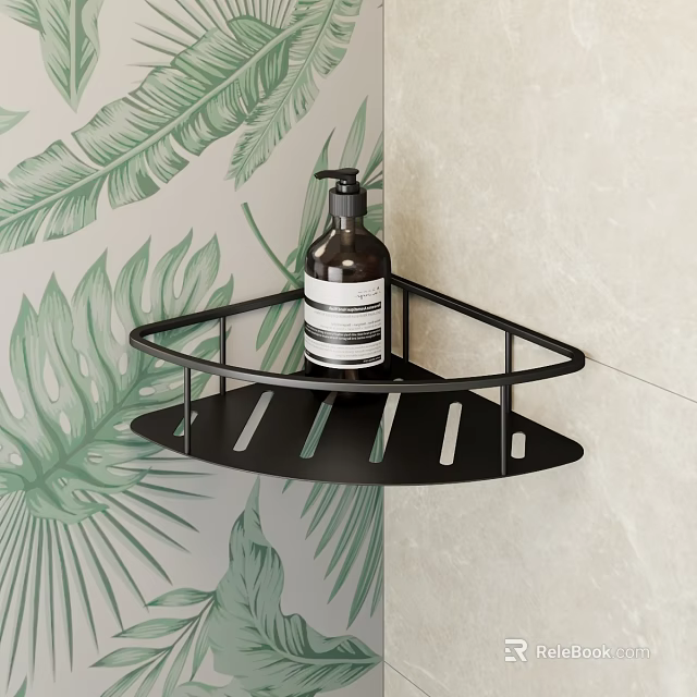 Black Triangle Corner Shelf with Pump Bottle on Green Leaf Pattern and Light Tile Wall 3d model 