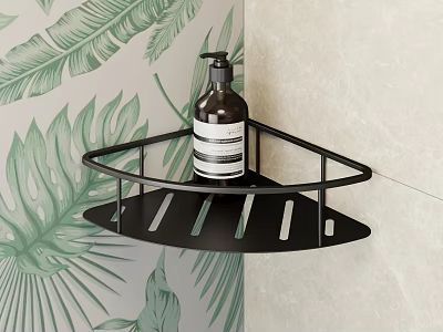 Black Triangle Corner Shelf with Pump Bottle on Green Leaf Pattern and Light Tile Wall 3d model