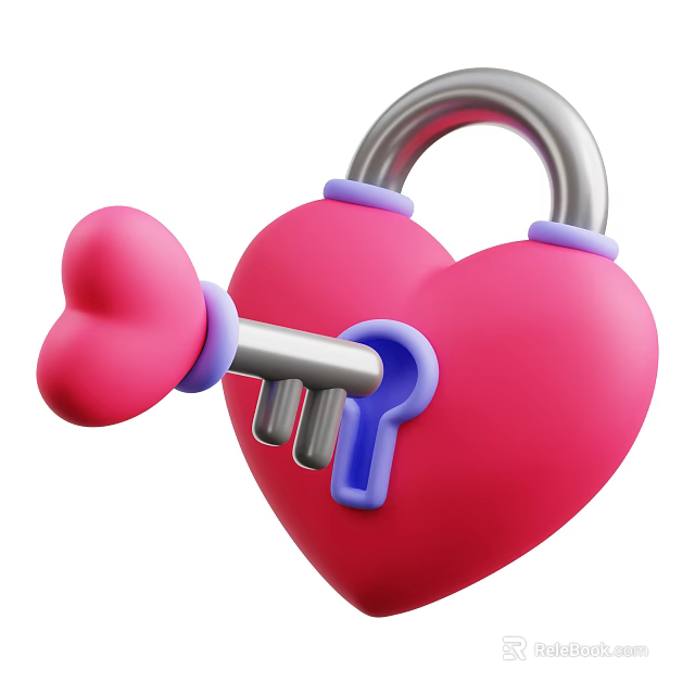Pink Heart Shaped Lock And Key Decorative Ornament Set With Purple Accents 3d model 