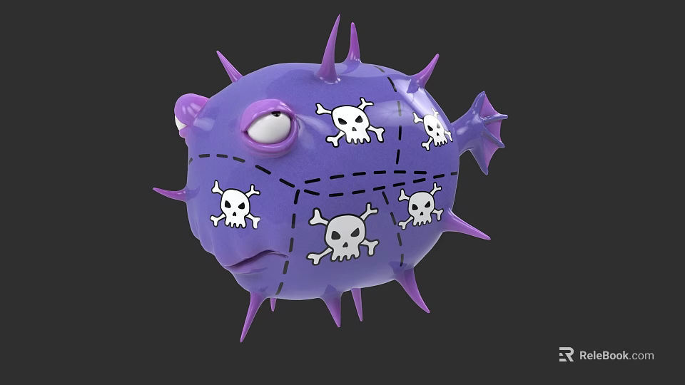 Purple Puffer Fish With Spikes And Skull Patterns On Dark Background 3d model 