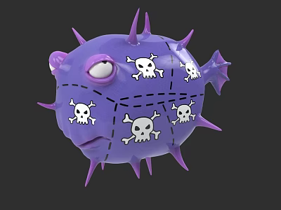Purple Puffer Fish With Spikes And Skull Patterns On Dark Background 3d model