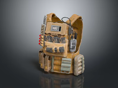 Brown Tactical Vest With Multiple Pockets Gear Label And Radio Equipment 3d model