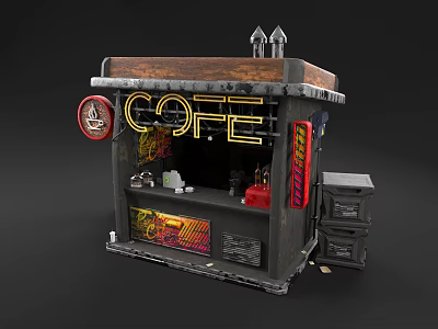 Vintage Coffee Kiosk with Neon Coffee Sign Brown Metal Roof Decorative Items And Display Shelves 3d model