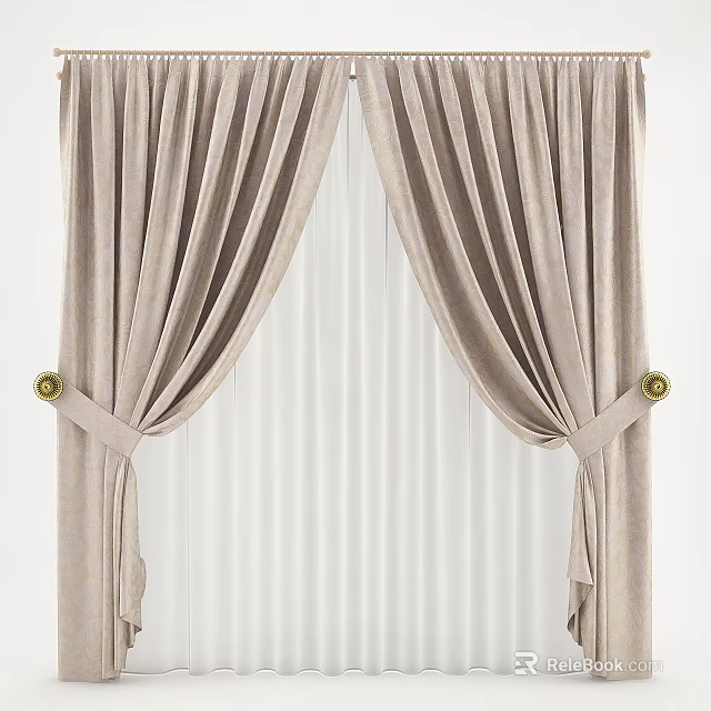 Elegant Beige Pleated Curtains With Golden Tiebacks And White Vertical Blinds 3d model 