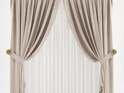 Elegant Beige Pleated Curtains With Golden Tiebacks And White Vertical Blinds 3d model