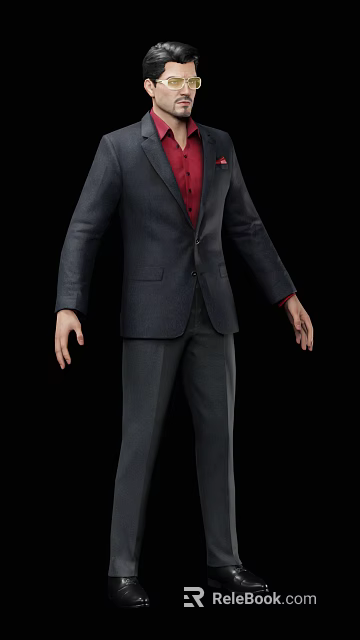 Man in Dark Gray Suit with Red Shirt Standing Against Black Background 3d model 