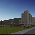 Modern Industrial Factory Building With Red Gate Green Lawn Road Pedestrians And Blue Sky